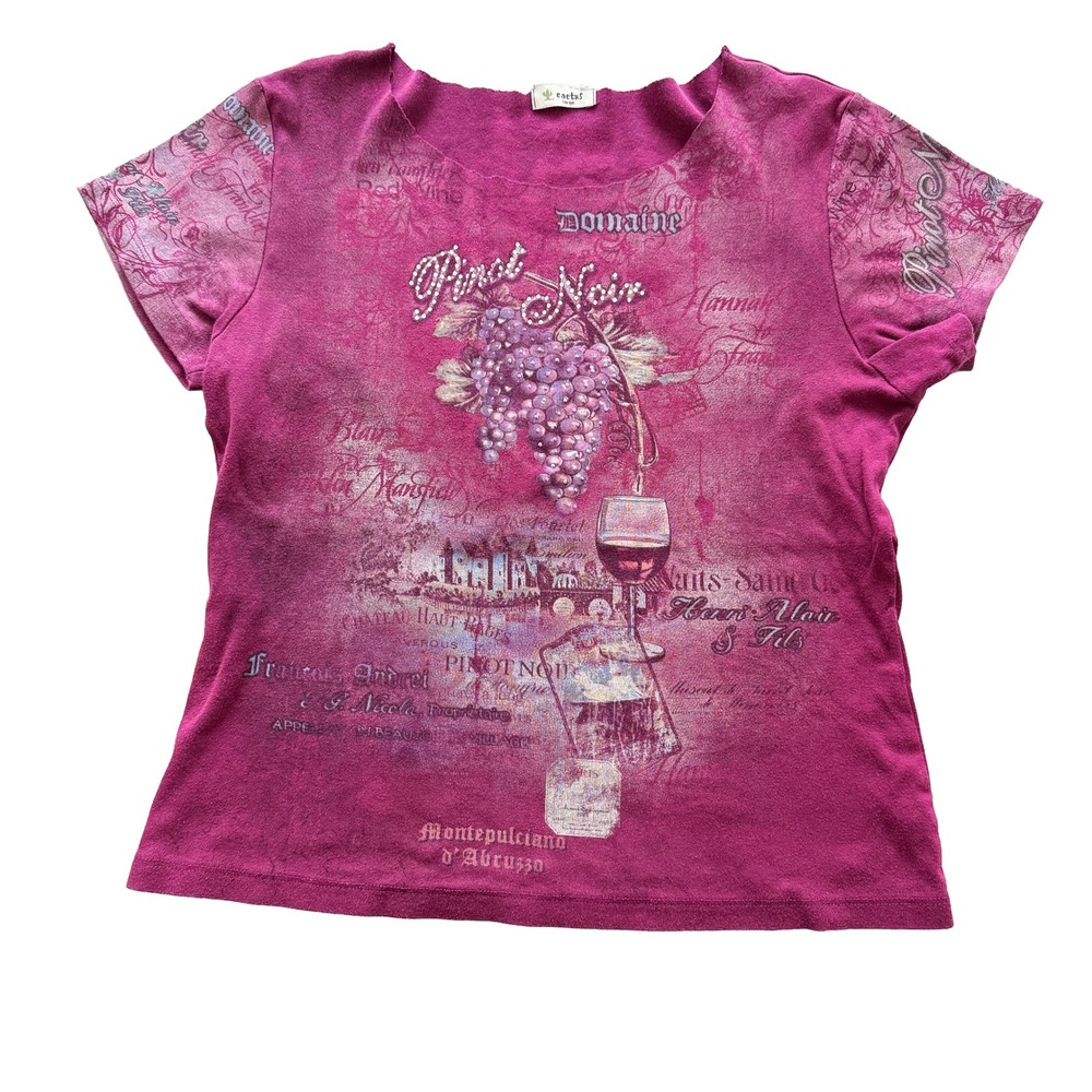 Cactus Womens Pinot Noir Wine Graphic Rhinestone Tee Magenta Purple Large